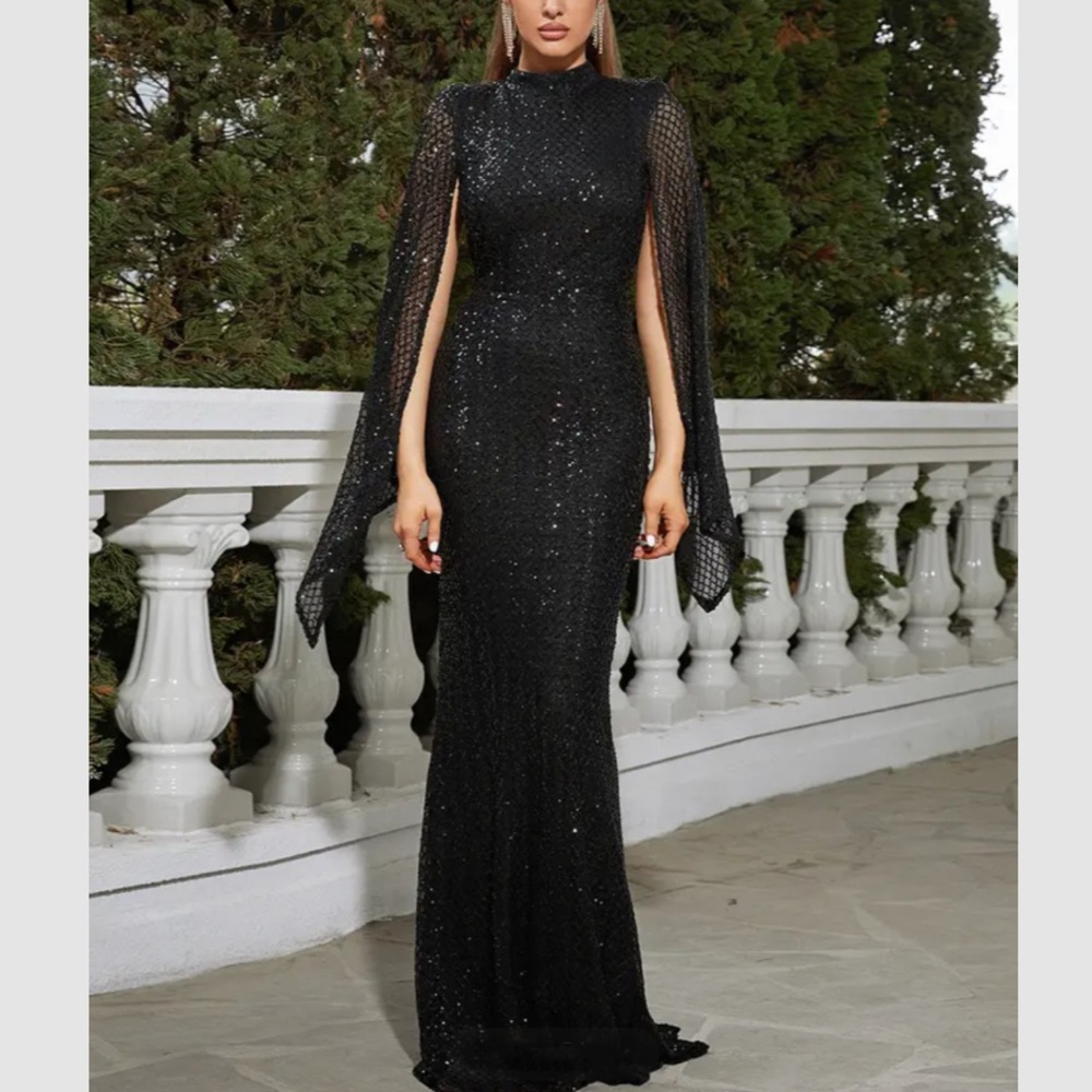 Luxe sequins mermaid hem bodycon formal evening black tie gown dress